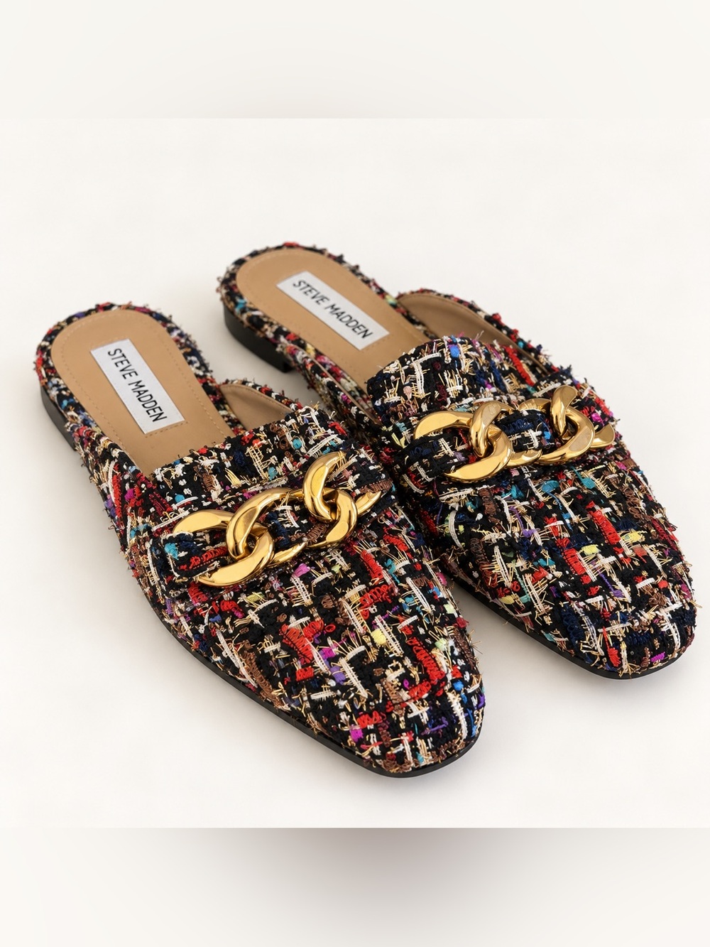 Steve Madden Cassady Multicolor Tweed Gold Chain Loafer Mules Size 7
